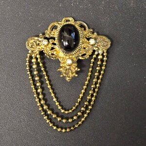 VTG Germany Baroque Revival Gold Tone Brooch Black Cabochon Rhinestones FLAW